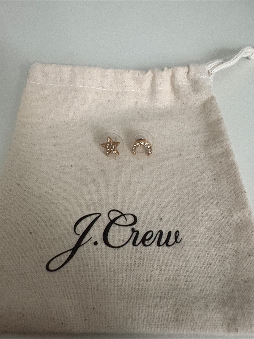 J. Crew Star and Moon Earrings with Pave Rhinestones and Gold Tone Setting